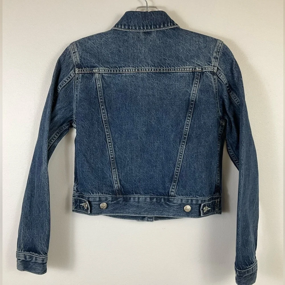 Topshop Women's Medium Wash Blue Denim Trucker Cropped Western Jacket Pockets 4 - Picture 3 of 9